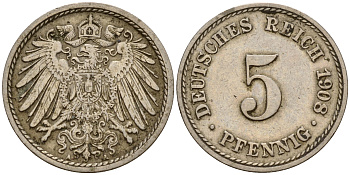 Германия 5 пфеннигов 1908 A KM 11, Jager 12, Weege 6 медно-никель  4598-1137