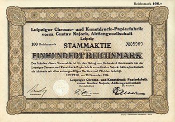 Германия 100 рейхсмарок 1934 АО Лейпцигская фабрика по производству бумаги для хромо- и художественной печати, акция   бумага 8801-55-1