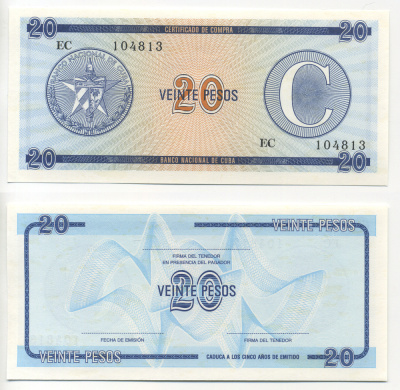 Куба, валютный сертификат 20 песо ND серия C, второй выпуск, голубая Pick FX 23 бумага UNC (пресс) 7485-3-3-1