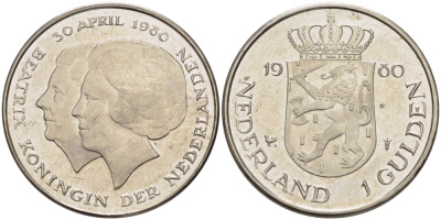 Нидерланды 1 гульден 1980 на коронацию Беатрикс, 30 апреля 1980 KM 200 никель 31-852
