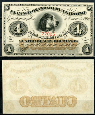 Аргентина 4 реала боливиано 1869 Banco Oxandaburu y Garbino, собака Pick S1781r  бумага  aUNC 451-171-2-2