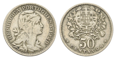Португалия 50 сентаво 1928 голова Свободы вправо KM 577 никель латунь 4659-628