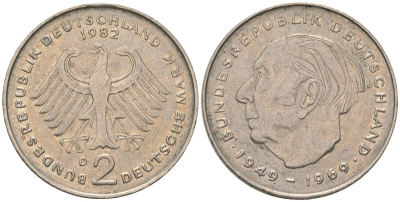 ФРГ 2 марки 1982 D, Теодор Хойс, 20 лет Федеративной Республике KM A127 медно-никель 4557-1142