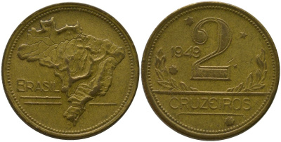 Бразилия 2 крузейро 1949 KM 559 алюминиевая бронза 4577-455