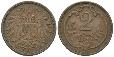 Австрия 2 геллера 1912 Франц Иосиф I (1848-1916) KM 2801 бронза 4615-562