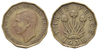 Великобритания 3 пенса 1938 Георг VI (1936-1952) KM 849, Spink 4112 никель латунь 4707-1052