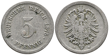 ГЕРМАНИЯ 5 ПФЕННИГОВ 1875 D, СТАРОГЕРБОВКА KM 3, J. 3 медно-никель 39-336