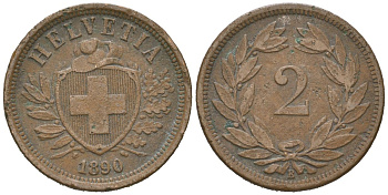 Швейцария 2 раппена 1890 B KM 4 бронза 4516-1032