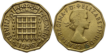 Великобритания 3 пенса 1956 Елизавета II (1952-2022) KM 900, Spink 4153 никель латунь 41-713