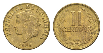 Колумбия 2 сентаво 1959 KM 214 алюминиевая бронза aUNC 4651-569