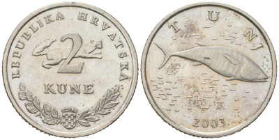 Хорватия 2 куна 2003 тунец, легенда на хорватском KM 10 медь цинк никель aUNC 4448-1226