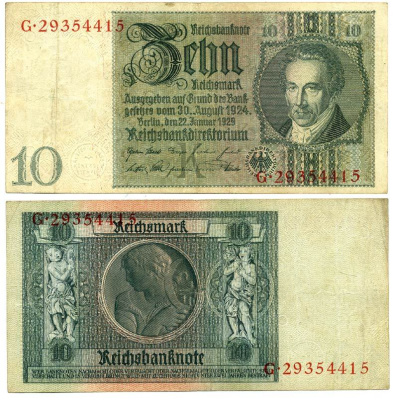 Германия 10 рейхсмарок 1929 Альбрехт Д. Тэер, буква K, серия G Pick 180a, Ros. 173е  бумага 3295-62-1