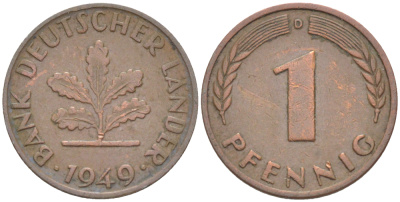 ФРГ 1 ПФЕННИГ 1949 D KM A101, J. 376 сталь плакированная медью 4181-532