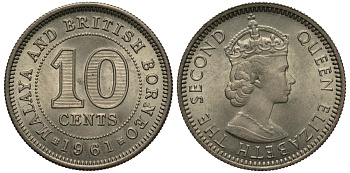 Малайя и Британское Борнео 10 центов 1961 Елизавета II (1952-2022) KM 2 медно-никель UNC 4392-1142