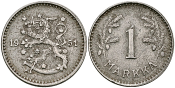 Финляндия 1 марка 1951 Н KM 30b железо 4580-1256