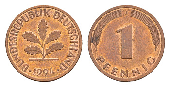 Германия 1 пфенниг 1994 J KM 105, J.380 сталь плакированная медью aUNC 4630-1234
