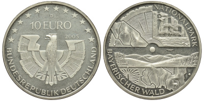 ФРГ 10 евро 2005 D, национальный парк, баварский лес KM 241, DE.S. 10.19 серебро PROOF 1515-2324