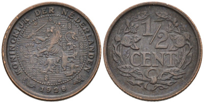Нидерланды 1/2 цента 1928 Вильгельмина (1890-1948) KM 138 бронза 4576-452