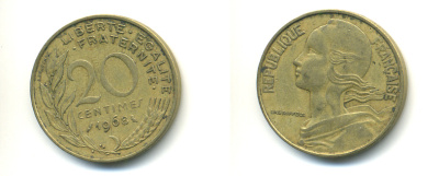 ФРАНЦИЯ 20 САНТИМОВ 1968 ТИП MARIANNE KM 930, LE FRANC 156.8 алюминиевая бронза 176-1053