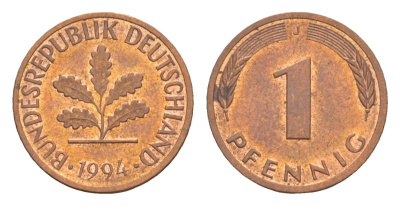Германия 1 пфенниг 1994 J KM 105, J.380 сталь плакированная медью aUNC 4630-1234
