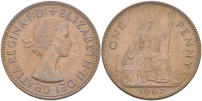 Великобритания 1 пенни 1967 Елизавета II (1952-2022) KM 897, Spink 4157 бронза 69-146