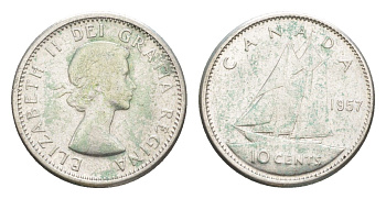 Канада 10 центов 1957 Елизавета II (1952-2022), парусник KM 51 серебро 4639-566