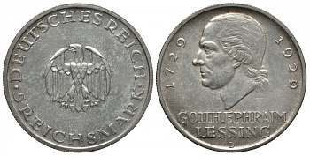 Германия 5 марок 1929 D, 200 лет со дня рождения Лессинга J. 336, КМ 61 серебро 00-805-39