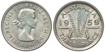 Австралия 3 пенса 1959 m, Елизавета II (1952-2022) KM 57 серебро 71-567