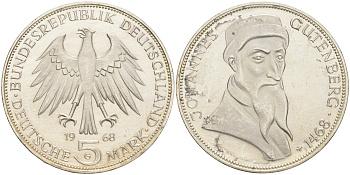 ФРГ 5 марок 1968 G, 500 лет со дня смерти Иоганна Гутенберга KM 122, J. 397 серебро UNC 4557-241