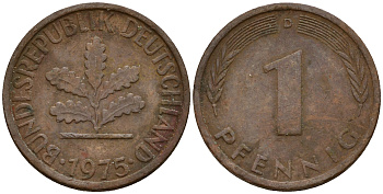 ФРГ 1 пфенниг 1975 D KM 105, J. 380 сталь плакированная медью    4598-546