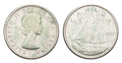 Канада 10 центов 1957 Елизавета II (1952-2022), парусник KM 51 серебро 4639-566