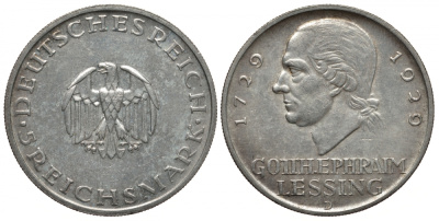 Германия 5 марок 1929 D, 200 лет со дня рождения Лессинга J. 336, КМ 61 серебро 00-805-39