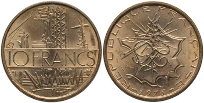 Франция 10 франков 1975 тип Матье KM 940, Le Franc 365.5-6 никель латунь 181-441
