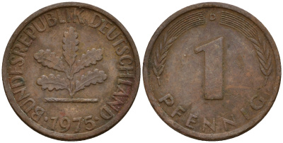 ФРГ 1 пфенниг 1975 D KM 105, J. 380 сталь плакированная медью    4598-546