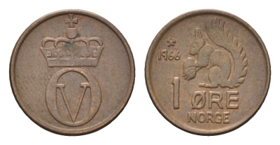 Норвегия 1 эре 1966 Улаф V (1957-1991) KM 403 бронза 4702-537