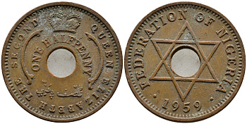 Нигерия 1/2 пенни 1959 Елизавета II (1952-), Британский протекторат KM 1 бронза 4387-252