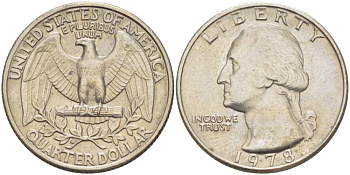 США 25 центов (квотер) 1978 Вашингтон KM A164a медь плакированная медно-никелем 217-113