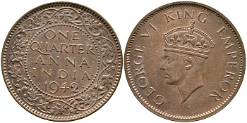 Британская Индия 1/4 анна 1942 Георг VI (1937-1952) KM 531 бронза aUNC 259-714
