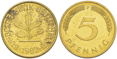 ФРГ 5 ПФЕННИГОВ 1983 F KM 107, J. 382 сталь плакированная латунью 4181-1015