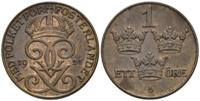 Швеция 1 эре 1921 Густав V (1907-1950) KM 777.2 бронза 4608-348