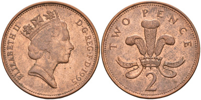 Великобритания 2 пенса 1995 Елизавета II (1952-2022) KM 936а, Spink 4386 (C4) сталь плакированная медью 4116-751