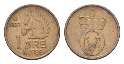 Норвегия 1 эре 1959 Улаф V (1957-1991) KM 403 бронза 4705-833