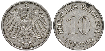 ГЕРМАНИЯ 10 ПФЕННИГОВ 1912 E KM 12, J. 13 медно-никель 45-1238