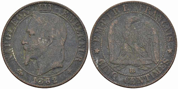 ФРАНЦИЯ 5 САНТИМОВ 1862 BB, НАПОЛЕОН III (1852-1870) KM 797.2, LE FRANC 117.6 бронза 108-524