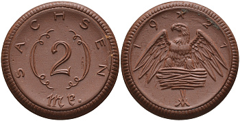 Саксония 2 марки 1921 J. N 56 фарфор 1094-2-73