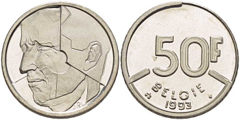 БЕЛЬГИЯ 50 ФРАНКОВ 1993 BELGIE, БОДУЭН I (1951-1993) KM 169 никель 4391-216