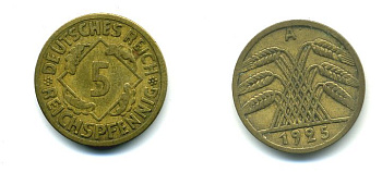 Германия 5 рейхспфеннигов 1925 A KM 39, J. 316, Weege 7 алюминиевая бронза 46-2233