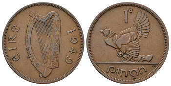 Ирландия 1 пенни 1949 курица с цыплятами KM 11 бронза 4512-1032