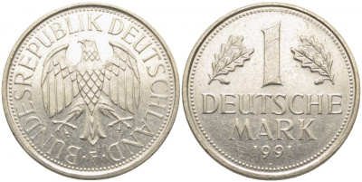 ФРГ 1 МАРКА 1991 F J.385, KM 110 медно-никель 3856-237