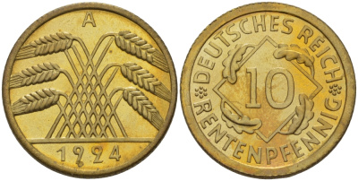 Германия 10 рентенпфеннигов 1924 А J. 309, KM 33 алюминиевая бронза PROOF 00-817-12